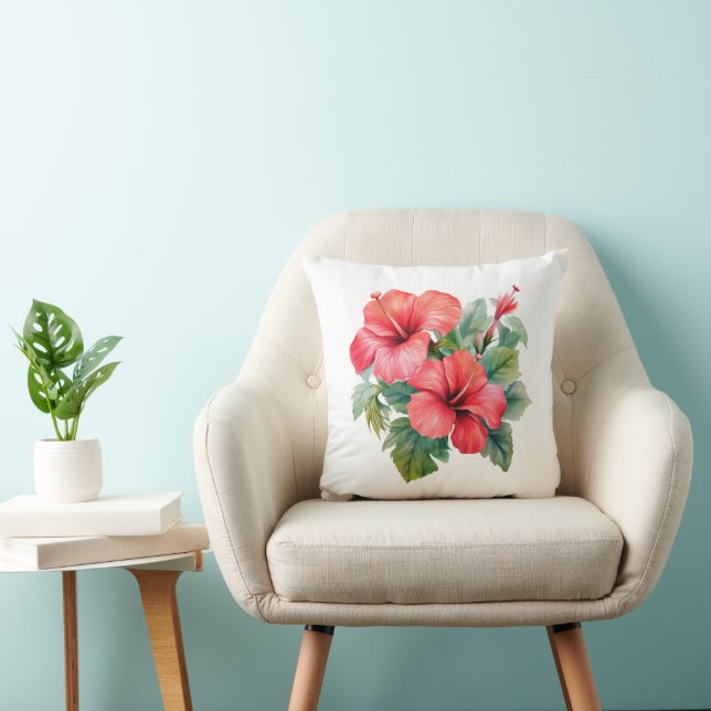 Coussin Aquarelle Rouge Hibiscus Tropical Floral Vert (Chaise)