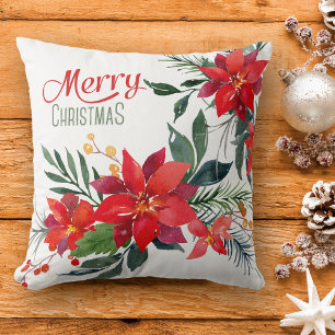 Coussin Aquarelle Rouge Poinsettia Bouquet Noël