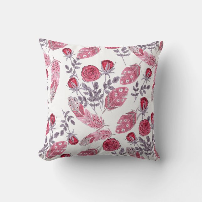 Coussin Aquarelle rouge roses fleurs plumes blanc (Recto)