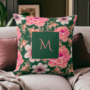Coussin Aquarelle rouge verte Script floral