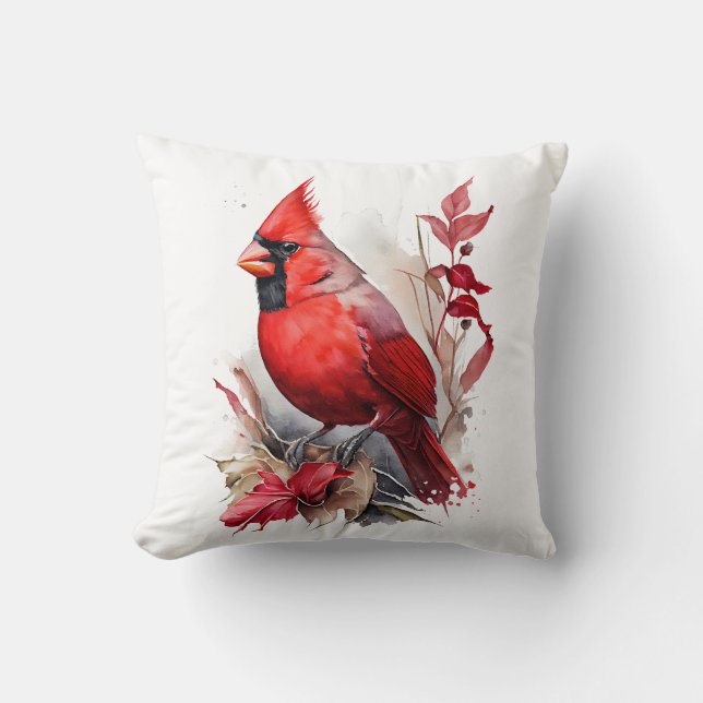 Coussin Aquarelle rouge vif Oiseau cardinal d'hiver (Recto)