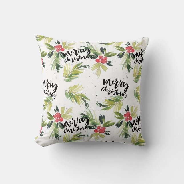 Coussin Aquarelle rustique Holly Motif Joyeux Noël (Recto)