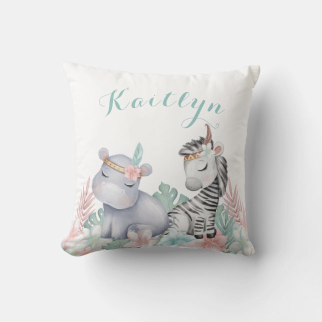 Coussin Aquarelle Safari Animaux bébé Nursery Girl (Recto)
