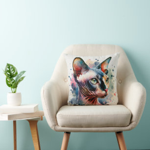 Coussin Aquarelle Sphynx Chat Portrait Artistique