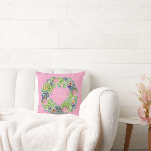 Coussin Aquarelle succulente couronne florale sur rose