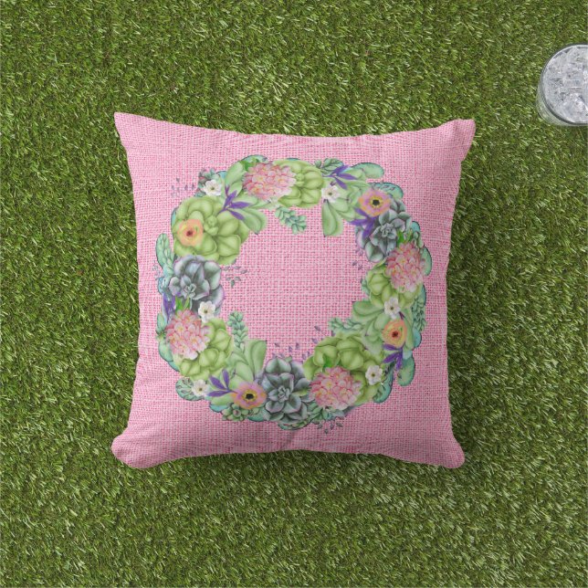 Coussin Aquarelle succulente couronne florale sur rose (Herbe)