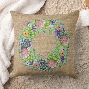 Coussin Aquarelle succulente couronne florale sur tan