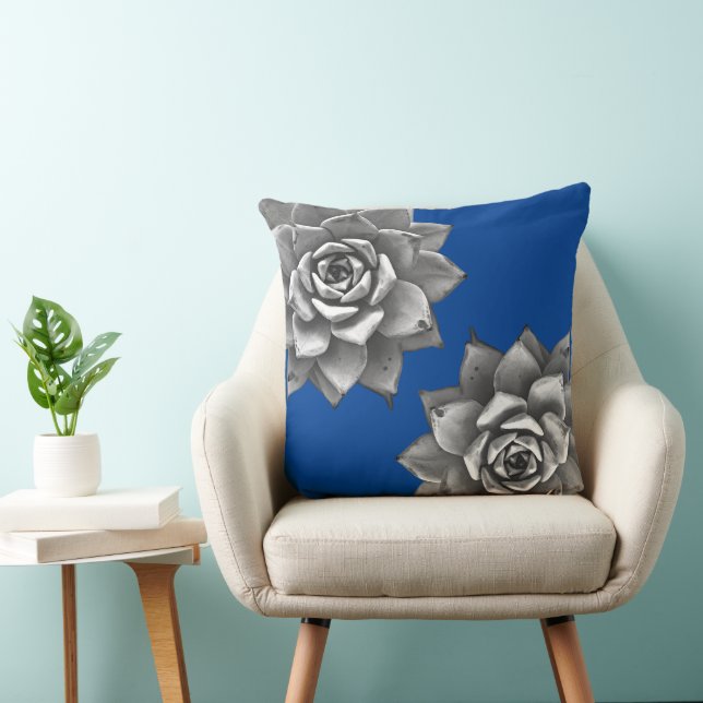 Coussin Aquarelle Succulente Gris sur Bleu (Chaise)