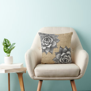 Coussin Aquarelle Succulente Gris sur Burlap Tan