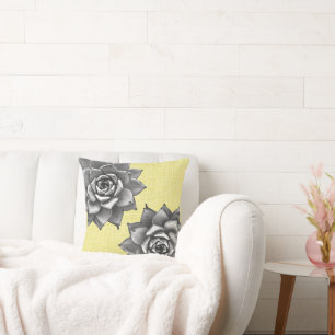 Coussin Aquarelle Succulente Gris sur Jaune