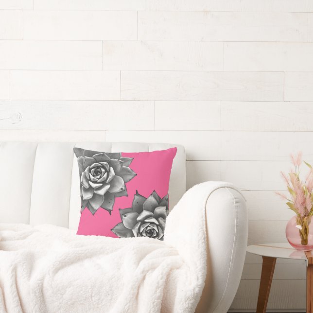 Coussin Aquarelle Succulente Gris sur rose chaud (Canapé)