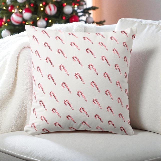 Coussin Aquarelle Sucre de canne blanc moderne rouge Festi (Watercolor Candy Cane White Modern Red Festive Throw Pillow)