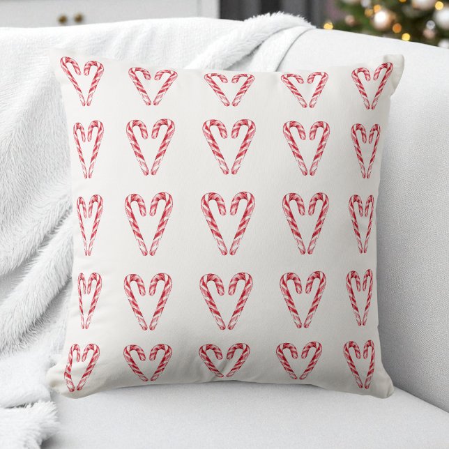 Coussin Aquarelle Sucre de canne Coeur Rouge et Blanc Vaca (Watercolor Candy Cane Heart Red and White Holiday Throw Pillow)