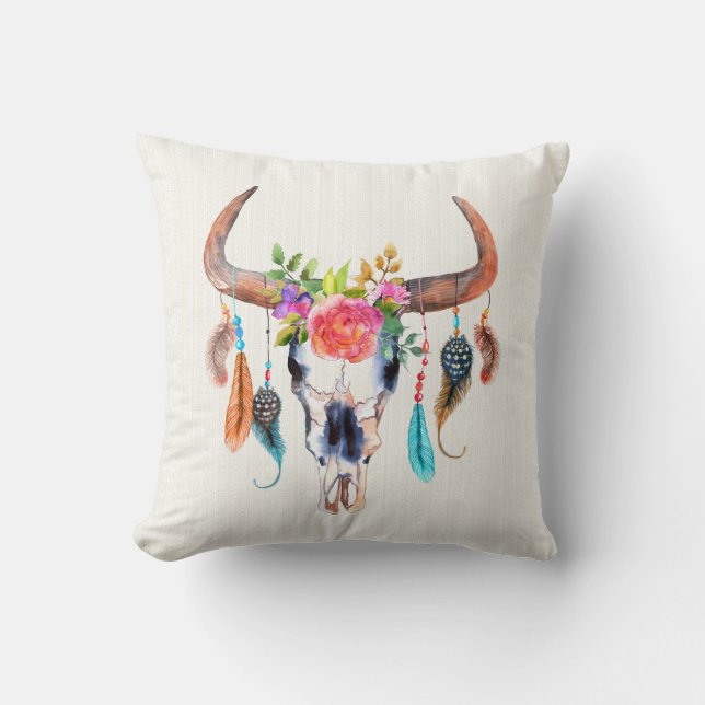 Coussin Aquarelle Taureau Et Symboles indiens (Recto)