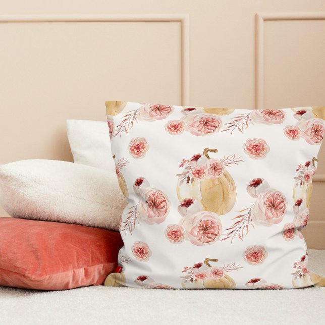 Coussin Aquarelle tendance Citrouille et fleurs | Automne (Créateur téléchargé)