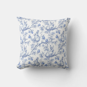 Coussin Aquarelle Toile De Jouy Bleu Bunny Pâques