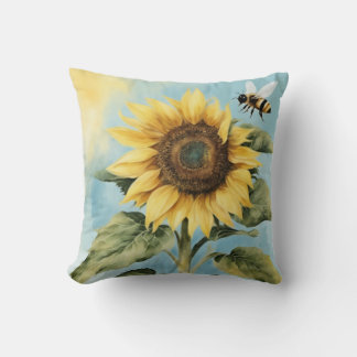 Coussin Aquarelle Tournesol et abeille