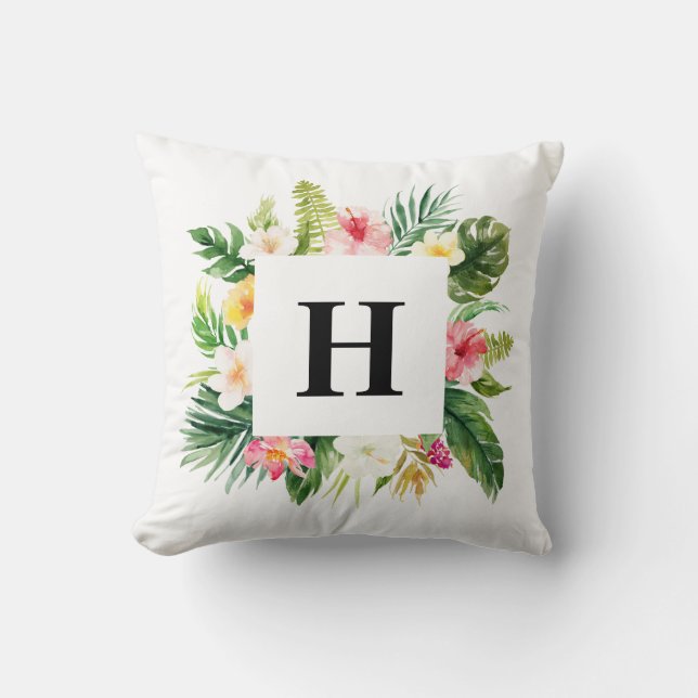 Coussin Aquarelle Tropical Feuille Floral Frame Monogramme (Recto)