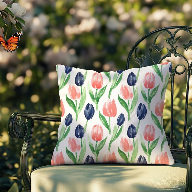 Coussin Aquarelle Tulipes Corail rose Marine bleu Floral (Créateur téléchargé)