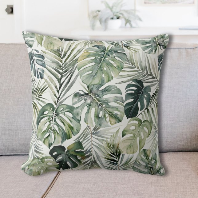 Coussin Aquarelle Vert Forêt tropicale Feuille Motif (In situ)