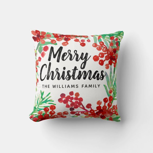 Coussin Aquarelle verte de Noël Baies rouges Holly (Recto)