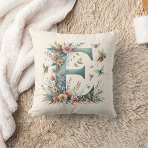 Coussin Aquarelle verte Fées Monogramme Lettre E