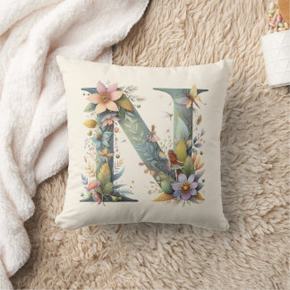 Coussin Aquarelle verte Fées Monogramme Lettre N