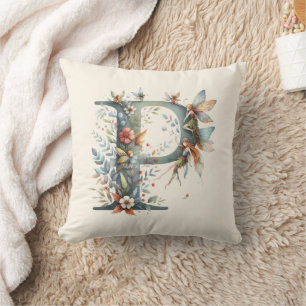 Coussin Aquarelle verte Fées Monogramme Lettre P
