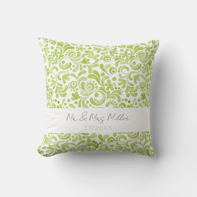 Coussin Aquarelle verte M&Mme NOM Mariage DATE Élégante (Recto)