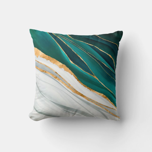 Coussin Aquarelle verte, turquoise et or de minuit (Recto)
