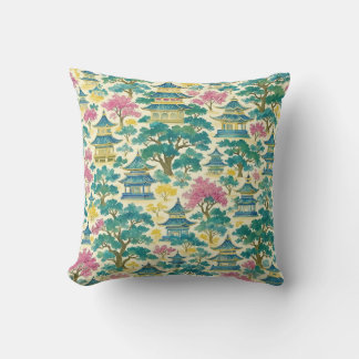 Coussin Aquarelle vibrante chinoiserie motif pagode dorée
