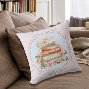 Coussin Aquarelle Vintage rose Roses et Livre Floral