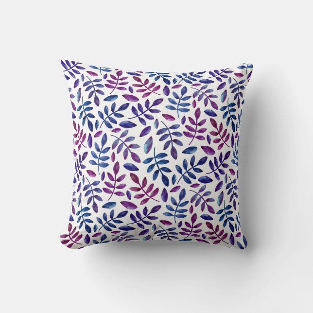 Coussin Aquarelle violet bleu motif de feuillage (Recto)