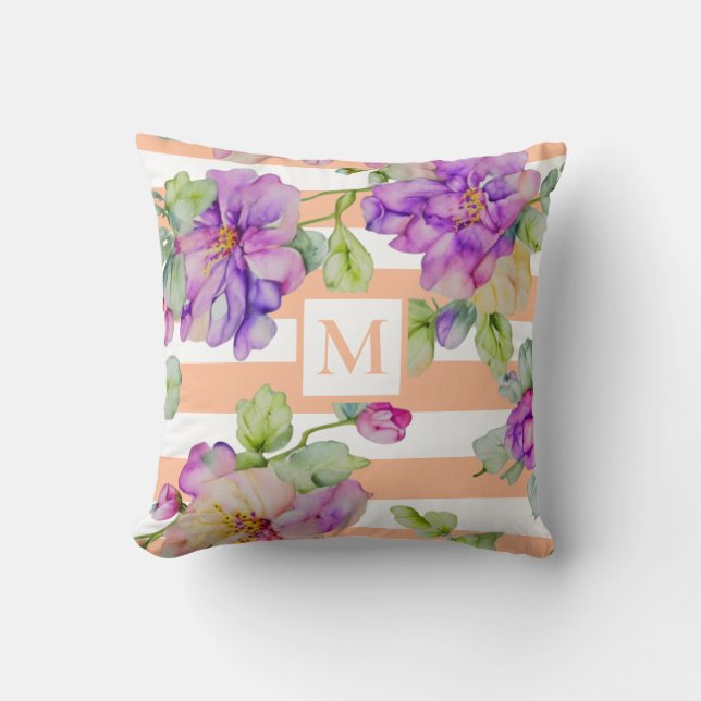 Coussin Aquarelle violet rose floral orange blanc bandes (Recto)