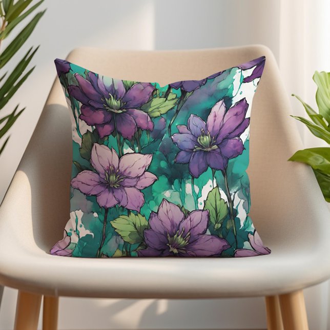 Coussin Aquarelle violette Floral Emerald Feuilles (Purple flowers on emerald green decorator pillow)