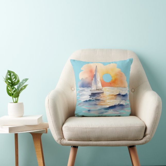Coussin Aquarelle Voilier Voilier Nautique Coucher de sole (Chaise)