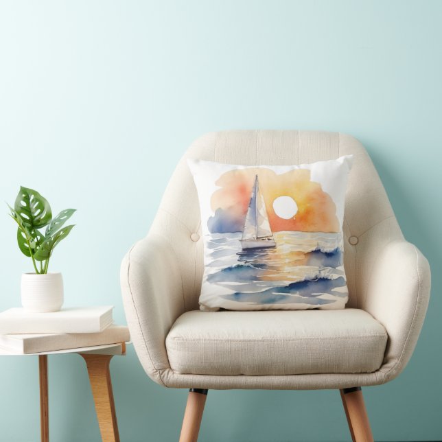 Coussin Aquarelle Voilier Voilier Nautique Coucher de sole (Chaise)