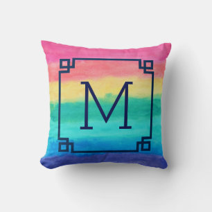 Coussin Aquarelles Abstraites en rose bleu-vert et jaune