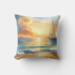 Coussin Aquarelles d'eau de mer coucher de soleil voilier