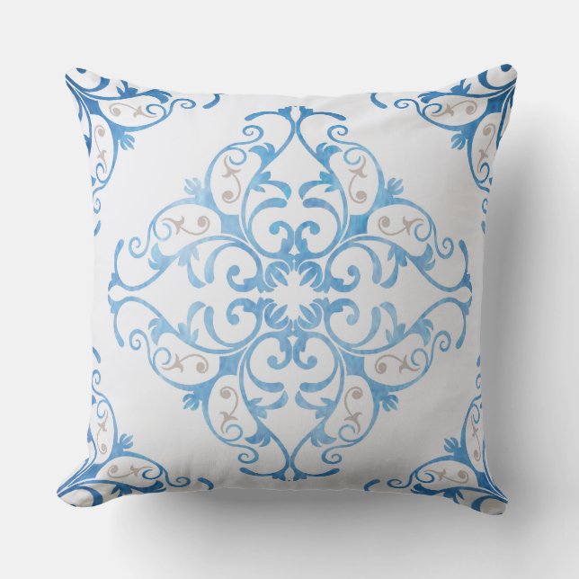 Coussin Arabesque dans le bleu d'aquarelle (Recto)