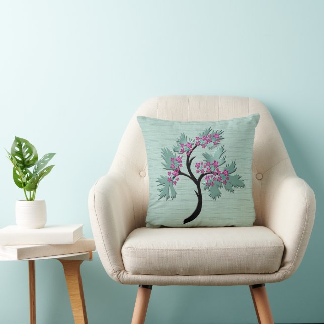 Coussin Arbre à fleurs gracieux vert + prune (Chaise)
