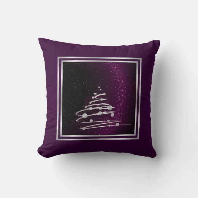 Coussin Arbre Abstrait Argent De Noël Sur Violet (Recto)