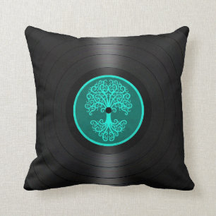 Coussin Arbre bleu turquoise de graphique de disque vinyle