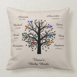 Coussin Arbre de grand-maman, noir Ecru, 8 noms et dates