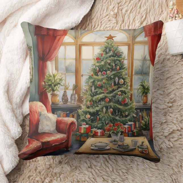 Coussin Arbre de la fenêtre du parrain de Noël Rouge (Couverture)