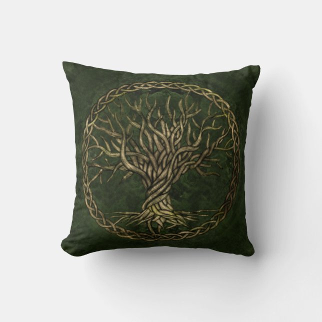 Coussin Arbre de la vie - Yggdrasil - vert et or (Recto)