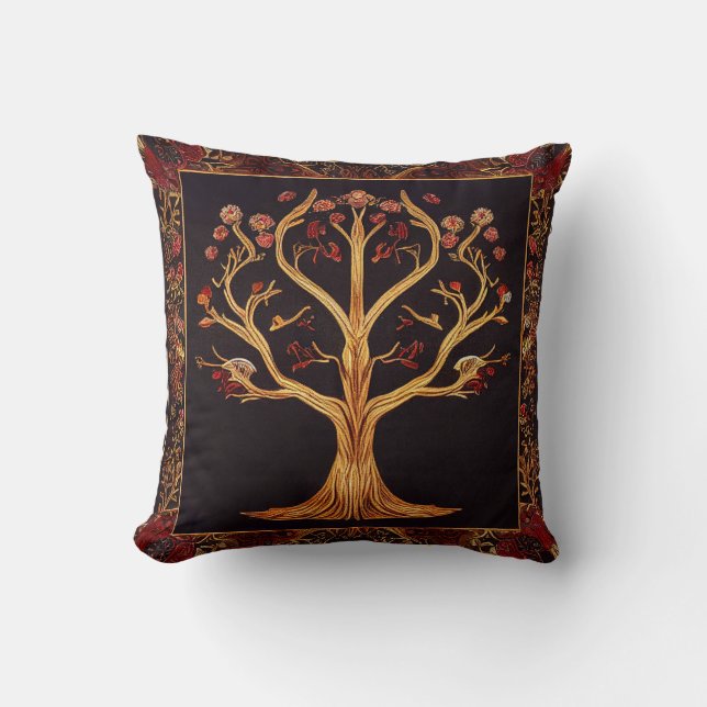 Coussin Arbre de LIfe Rouge or noir Broderie par kedoki (Recto)