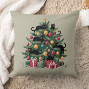 Coussin Arbre de Noël Chats Noirs Amoureux de Chats Lumièr