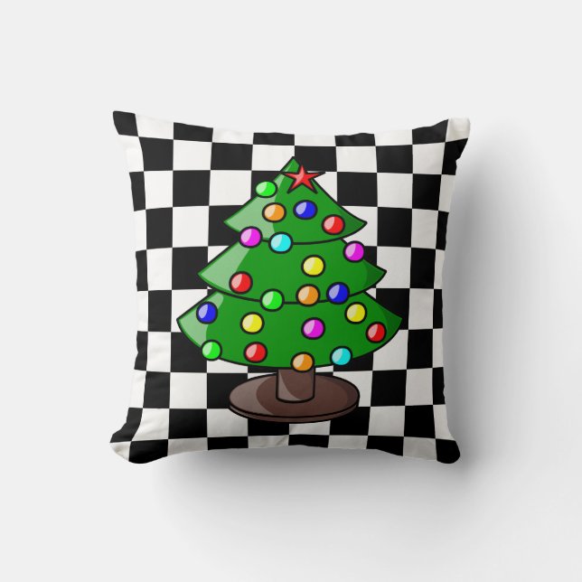 Coussin Arbre de Noël sur À damiers noir et blanc Backgr (Recto)