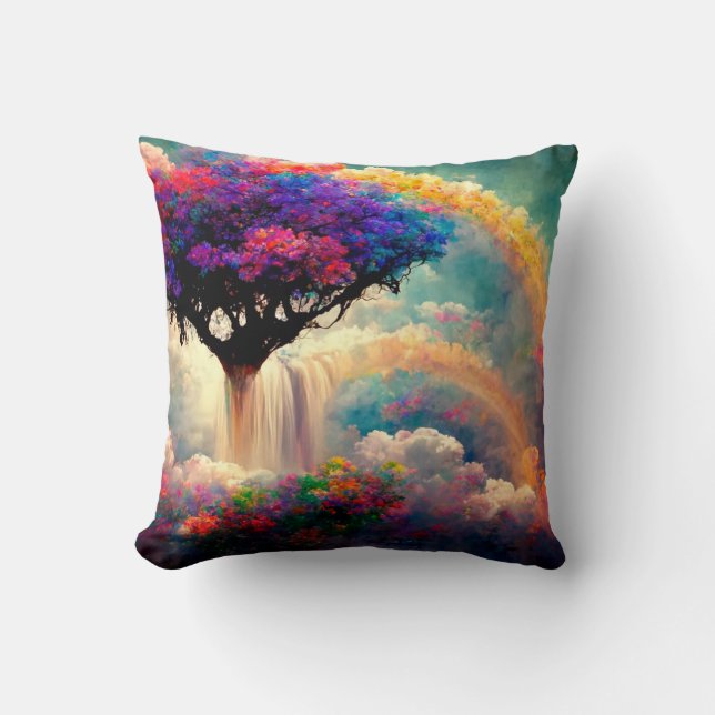 Coussin Arbre de vie avec arcs-en-ciel, fleurs, pont (Recto)